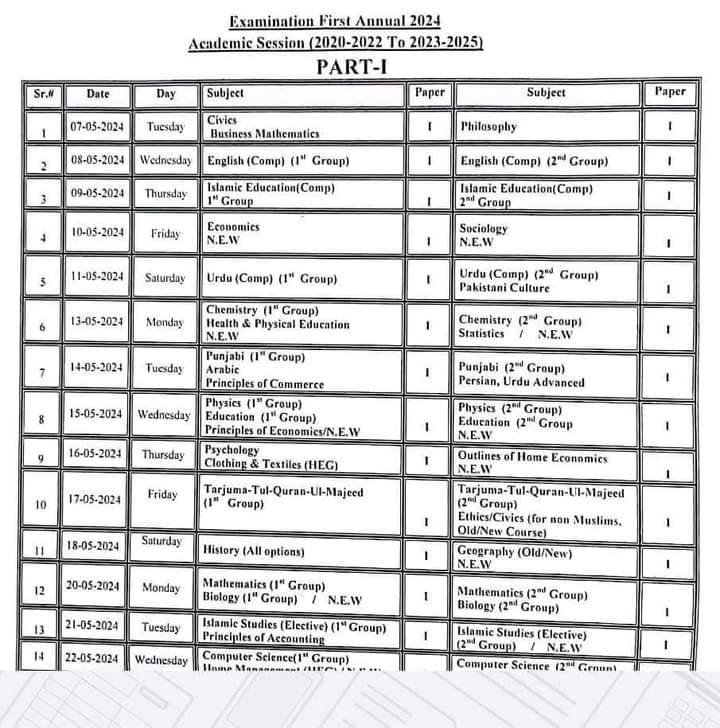 1st Year 11th Class Date Sheet 2024 Rawalpindi Board